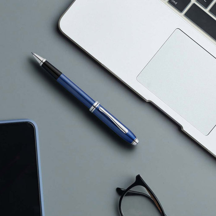 Cross Townsend Polished Translucent Cobalt Blue Engraved Diamond Pattern Rollerball Pen