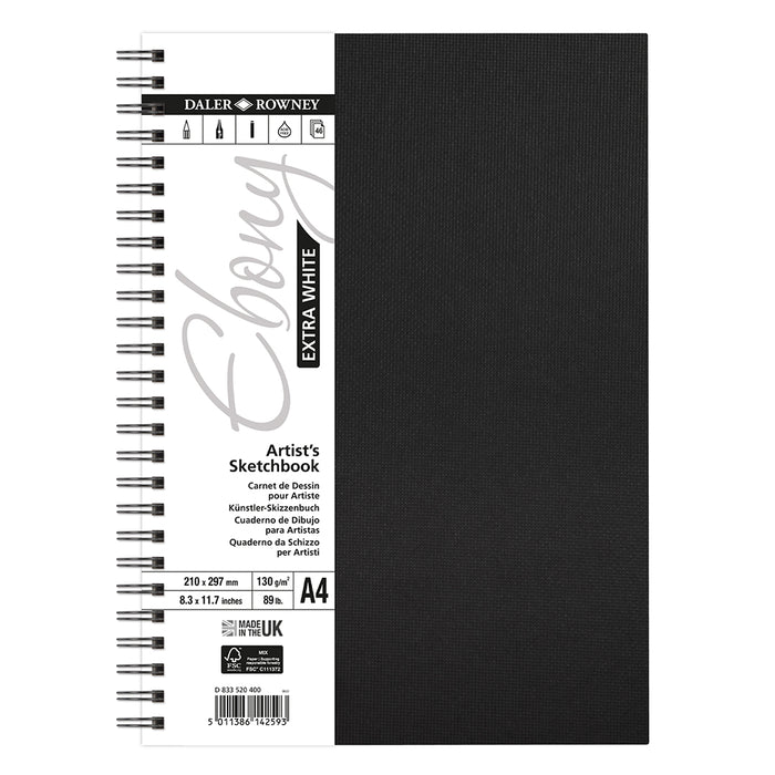 Daler-Rowney Ebony Extra White Wirebound Sketchbook 130G A4 Portrait 46 Sheets