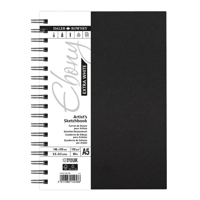 Daler-Rowney Ebony Extra White Wirebound Sketchbook 130G A5 Portrait 46 Sheets
