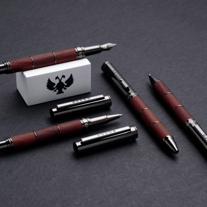 Tom Hessin Revolution Fountain Pen & Ballpoint Pen Set Ironbridge Wood Barrel with Gunmetal Trim