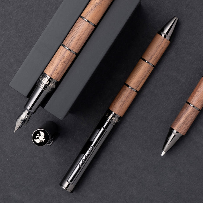 Tom Hessin Revolution Fountain Pen Rustic Wood Barrel with Gunmetal Trim