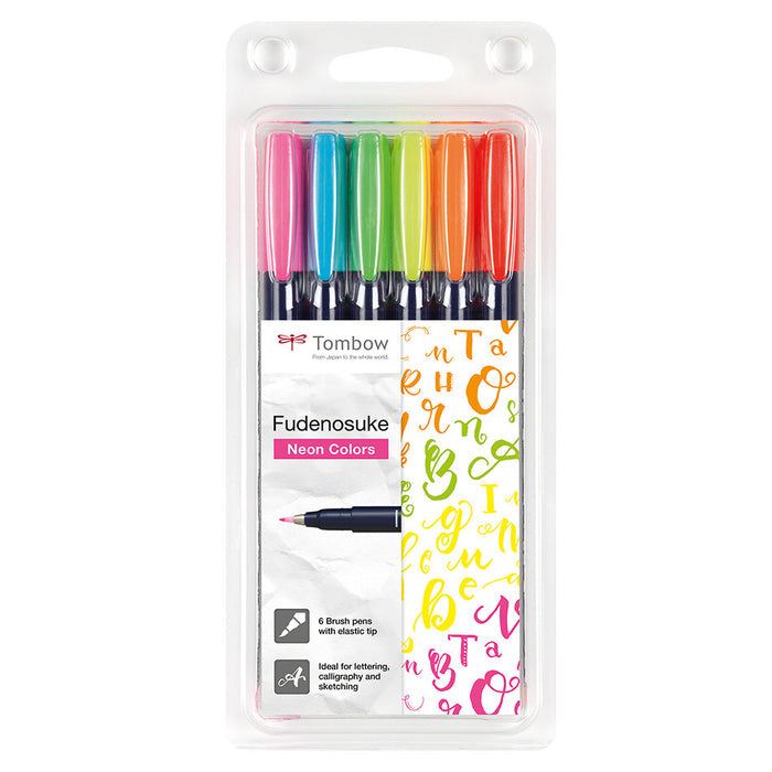 Tombow Fudenosuke Neon Colour Brush Pen Assorted Set of 6 by Tombow at Cult Pens