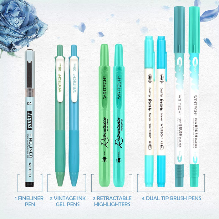 WRITECH 9 Piece Journal Kit with Pencil Case Blue and Green